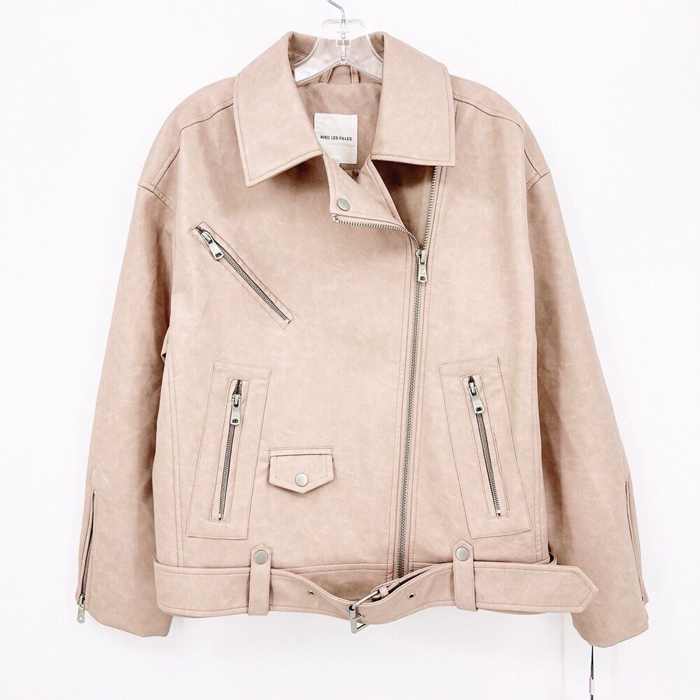 Avec Les Filles Anthropologie Womens Moto Jacket M Oversized Faux Leather Belted - Picture 2 of 13